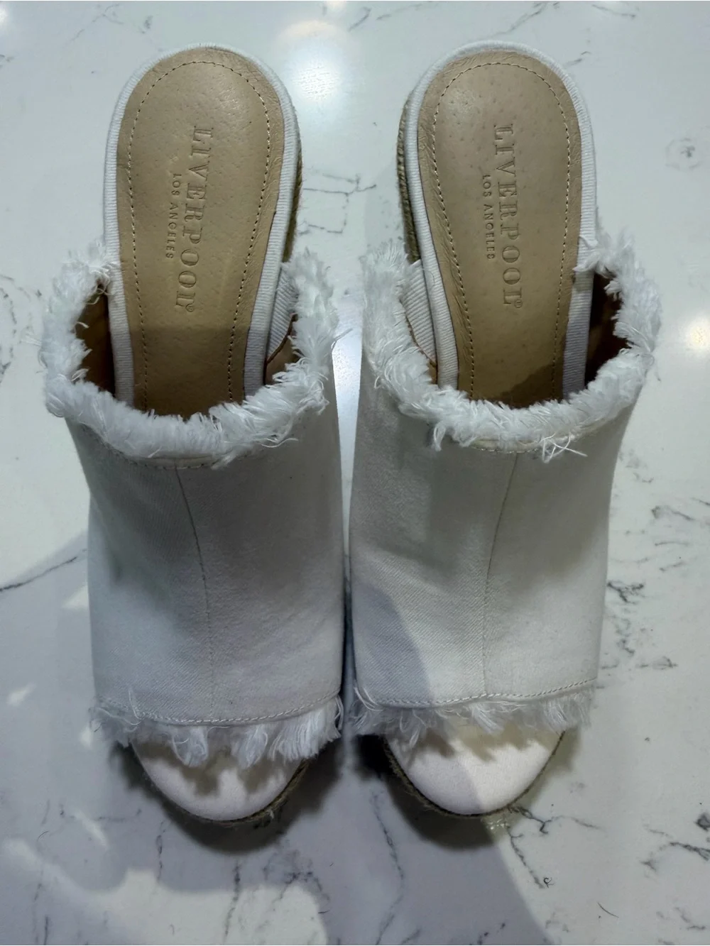 Liverpool White Frayed Espadrille Wedge Mules